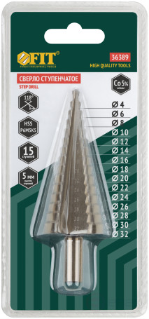 Step drill bit HSS Co5% (P6M5K5) for metal, 15 steps, 4-32 mm
