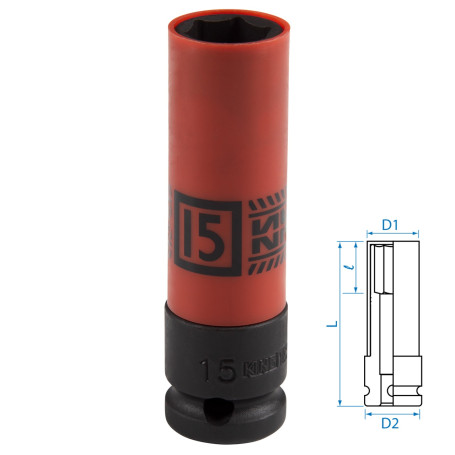 Deep impact socket 1/2", 15 mm, thin-walled, plastic protection KING TONY 494515M