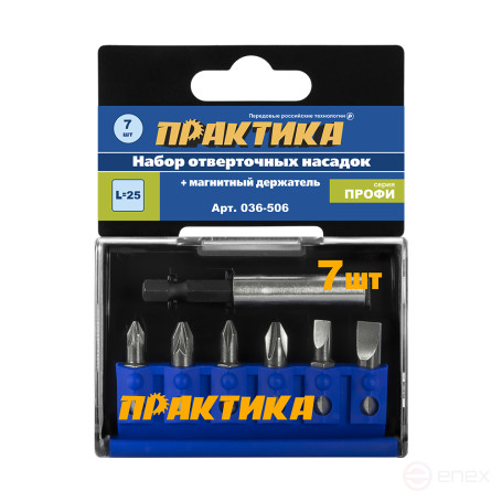 Набор бит ПРАКТИКА "Профи" 7шт PH1,2; PZ1,2; SL 2шт x 25мм, магнитный держатель, кассета (036-506)