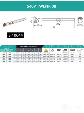 S40V TWLNR 08 internal turning boring tool right, 40 mm / plate WNMG 0804**