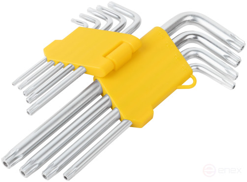 Ключи "звездочки", CrV сталь, 9 шт., Т10-Т50, с отверстием, длинные, в пластиковом держателе