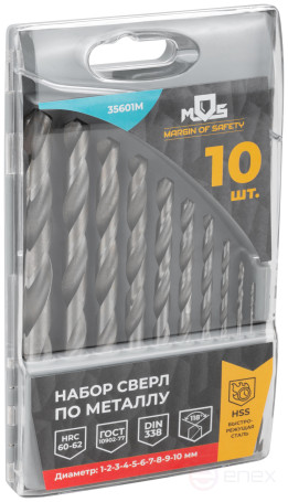 Set of HSS metal drills, 118° sharpening angle, layer. case, 10 pcs. (1-2-3-4-5-6-7-8-9-10 mm)