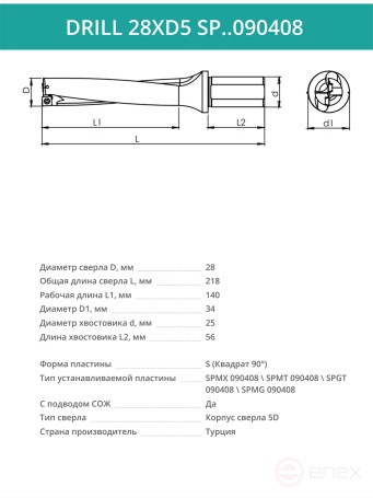 DRILL 28XD5 SP..090408 сверло корпусное - 28 мм / пластина SPMX 090408; SPMT 090408