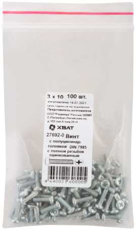 A semi-cylindrical screw. a head with a full thread of pins. DIN 7985 3x10 (packing 100 pcs)
