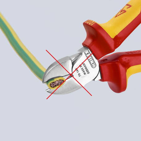 VDE side cutters, cut: failure. soft. Ø 4 mm, average. Ø 3 mm, solid. Ø 2 mm, L-160 mm,, 62 HRC, chrome, 2-K handles