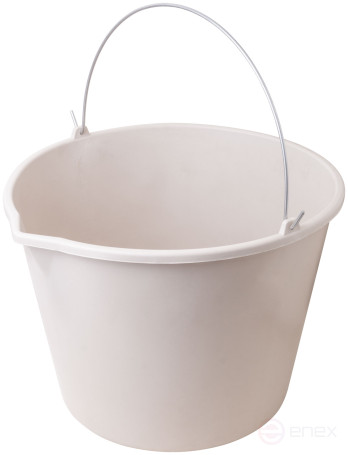 Plastic elastic construction bucket for mixing mortar with a 20 l spout