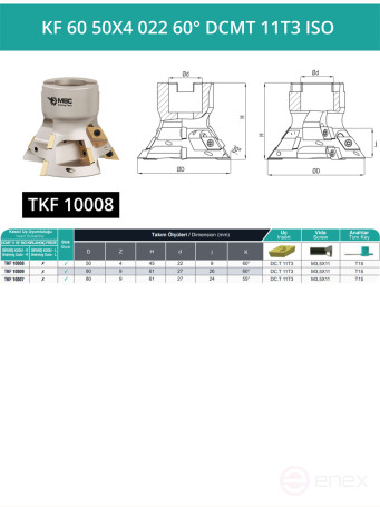 Насадная фреза длиннокромочная D50 мм, 4 зуба KF 60 50X4 022 60° DCMT 11T3 ISO / пластина DC*T 11T3**