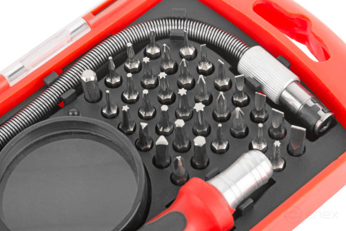 Screwdriver with bits for precision work, 33 CrV bits, 175 mm flexible adapter, magnifying glass, plastic box