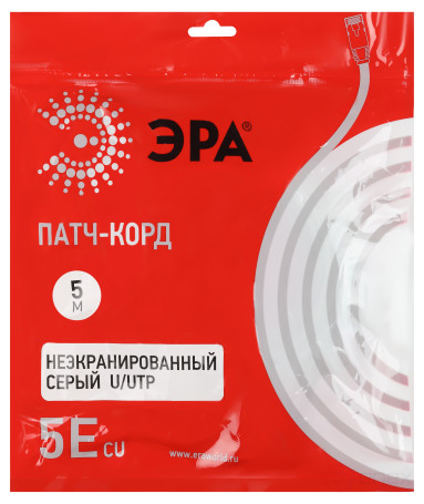 PC-5U Патч корд ЭРА U/UTP неэкранированный 5 м, категория 5e, серый Cu