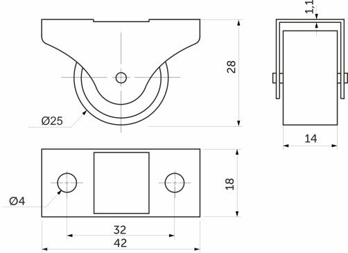 Roller meb. d25 h28 rectilinear with a cut.rim, grey AKS