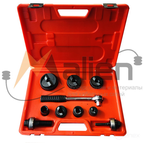 PLM-60 MALIEN mechanical sheet metal punch with a set of punch shapes: 22.5 mm; 28.3 mm; 34.6 mm; 43.2 mm; 49.6 mm; 61.5 mm