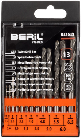 Set of drills for metal 1.5-6.5mm (13 pcs.pl/case) BERIL