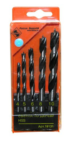 Set of drills for wood spiral F4,5,6,8,10 mm, 5 pieces, plastic case