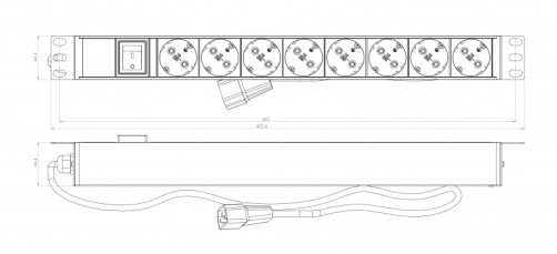 SHE19-8SH-S-2.5IEC Socket block for 19" cabinets, horizontal, 8 Schuko sockets, illuminated switch, 2.5m (3x1.0mm2) power cable with plug IEC320 C14 10A, 250V, 482.6x44.4x44.4mm (LxWxH), housing steel, black