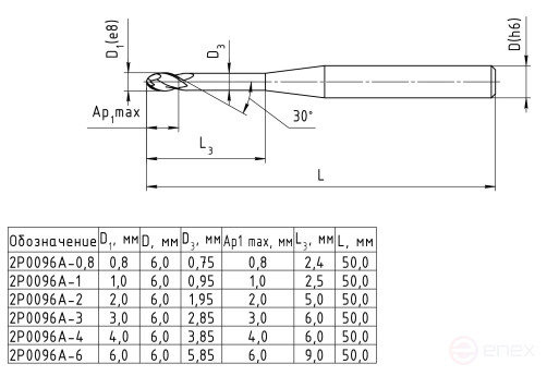Spherical end mill, 2P0096A-0.8