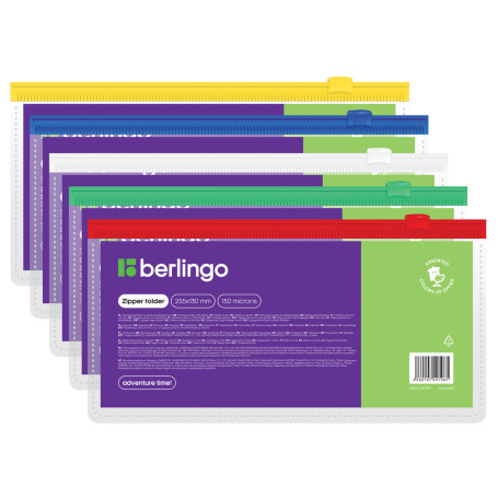 Berlingo 255*130 mm zippered envelope folder, 150 microns, transparent, assorted, for railway and air tickets