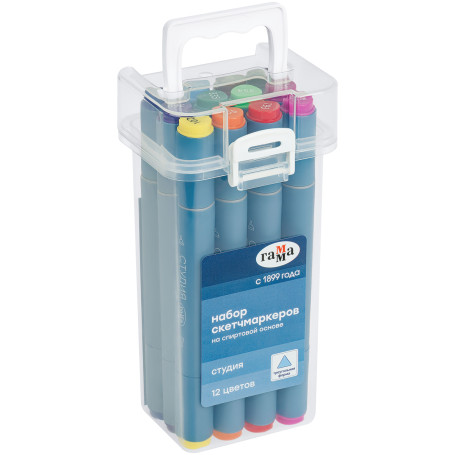 A set of double-sided markers for sketching Gamma "Studio" 12 colors, basic colors, triangular body, bullet-shaped/wedge-shaped. tips, plastic case