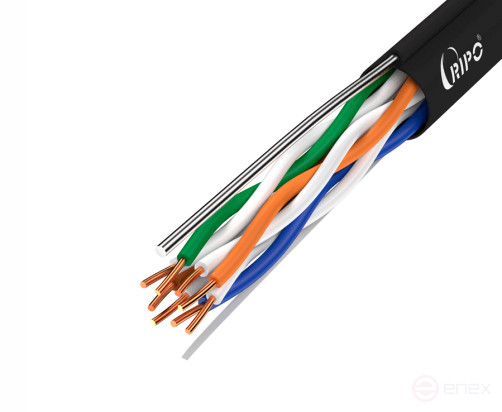 Кабель витая пара UTP4CAT5E 24AWG Cu Ripo (outdoor) с одножильным тросом, черный, (50м)
