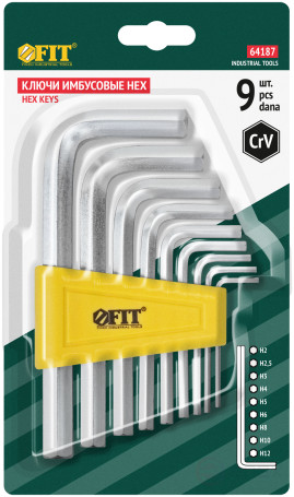 Ключи шестигранные, CrV сталь, 9 шт., 2-12 мм, в пластиковом держателе