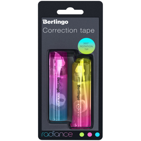 Berlingo "Radiance" correction tape, 5 mm*6m, set of 2 pcs., pink/yellow, pink/blue, blister