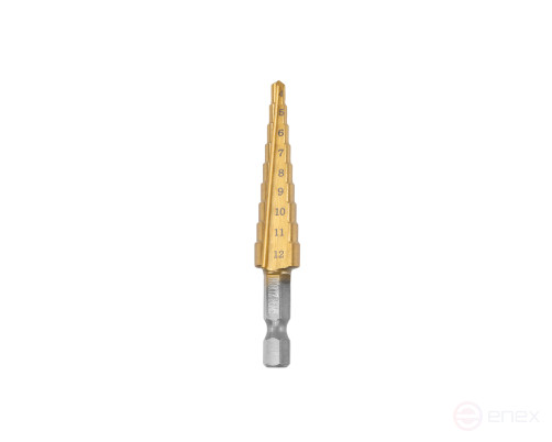 Step drill bit 4-12 pcs.9 titanium nitride (dx=6.3, P6M5) (4;5;6;7;8;9;10;11;12) HORTZ