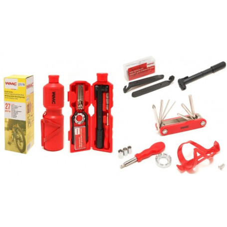 Набор инструментов для обслуживания велосипеда 27 предметов+держатель фляги, в тубе (красный)