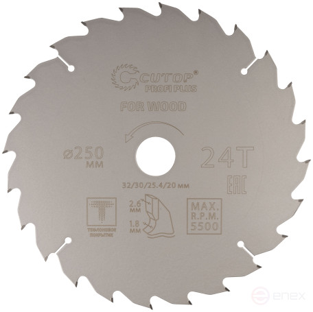 Диск пильный по дереву с тефлоновым покрытием 24Т, CUTOP Profi plus, 250 х 1,8/2,6 х 32/30/25,4/20 мм