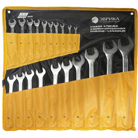 Набор ключей комбинированных (6,7,8,9,10,11,12,13,14,15,16,17,18,19,21,22,24,27,30,32мм), планшет 20 предметов CrV PRO ЭВРИКА 1/4