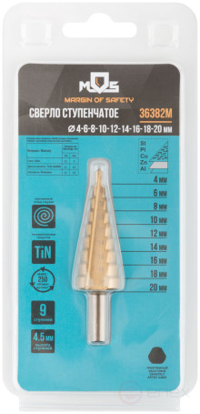 HSS step drill for metal, 9 steps, 4-20 mm