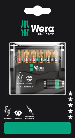 Bit-Check 12 Diamond 1 SB bit set with bit holder, diamond coating, 12 items, with Euroslot holder for suspension