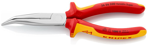 Long pliers with dir. VDE edge, semicircular sponge 40°, cut: provol. cf. Ø 3.2 mm, solid. Ø 2.2 mm, L-200 mm, chrome, 2-k handles