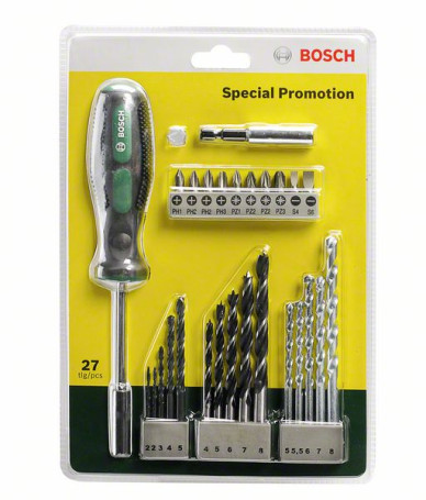 Set of 27 drill bits and bit attachments