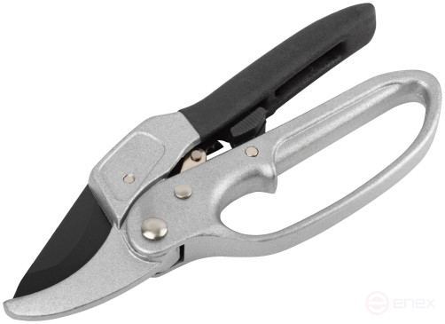 Pruning shears, ratchet mechanism, cutting.butt-to-anvil edges, teflon coatingblades, aluminum.The case is 200 mm