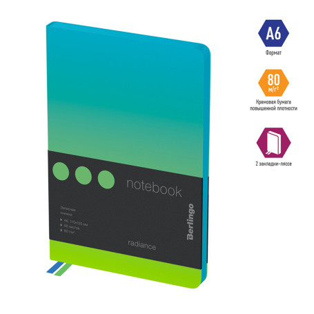 Notebook A6 80 l., leatherette, Berlingo "Radiance", black cut, blue/green gradient