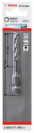 Spiral drill bit made of high-speed steel, with hex shank 4.5 mm 4.5 x 47 x 87 mm