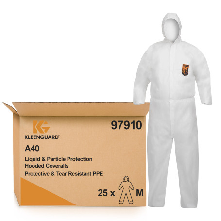 KleenGuard® A40 Воздухопроницаемый комбинезон для защиты от брызг жидкостей и твердых частиц - С капюшоном / Белый /М (25 комбинезонов)