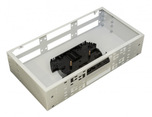 FO-19R-2U-6xSLT-W140H42-48UN-GY Universal optical box 19", from 8 to 48 ports (SC, duplex LC, ST, FC), with splice plate, without pigtails and pass-through adapters, 2U, gray