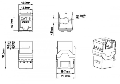 KJ8-8P8C-C6-180-BL Вставка Keystone Jack RJ-45(8P8C), категория 6, тип 180 градусов, синяя