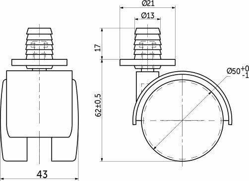 Wheel meb. plast. d50 with rod and sleeve, black AKS