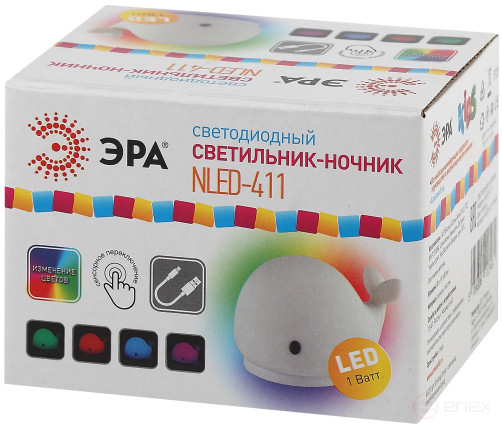 Ночник - светильник светодиодный ЭРА NLED-411-1W-W на батарейках или от USB мягкий силиконовый белый