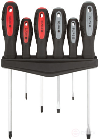 Screwdriver "Master", CrV steel, rubberized handles, magnetic tip, on the holder, set of 6 pcs.