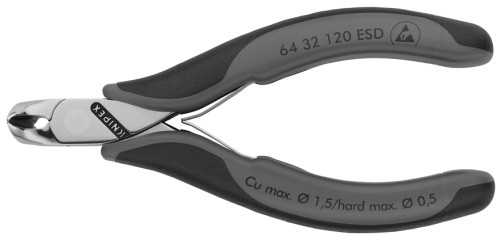 End-ESD wire cutters for electronics, small chamfer under 15°, spring, cut: provol. soft. Ø 1.5 mm, cf. Ø 1 mm, hard. Ø 0.5 mm, L-120 mm, 2-K handles