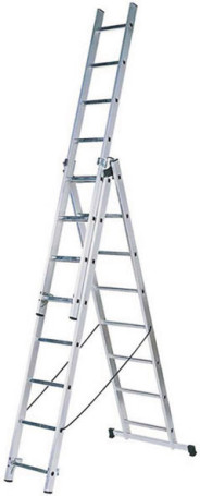 Лестница трехсекционная алюминиевая, 3 х 8 ступеней, H=233/371/509 см, вес 10,17 кг