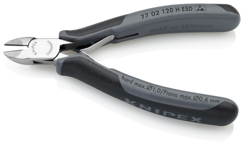 Side cutters for ESD electronics, extra. loads , round head, cut: failure. soft. Ø 2 mm,cf. Ø 1.4 mm,TV. Ø 1 mm,royal. string Ø 0.6 mm,L-120 mm,83HRC