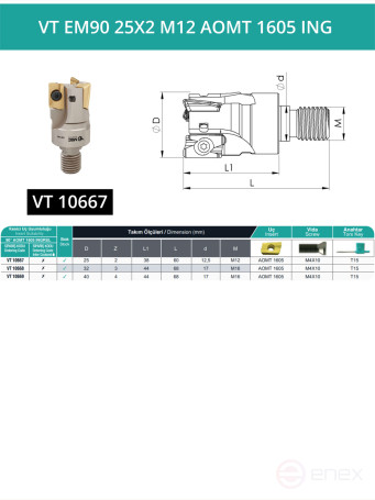 VT EM90 25X2 M12 AOMT 1605 ING Milling Replacement Head 25 mm with M12 thread / without coolant