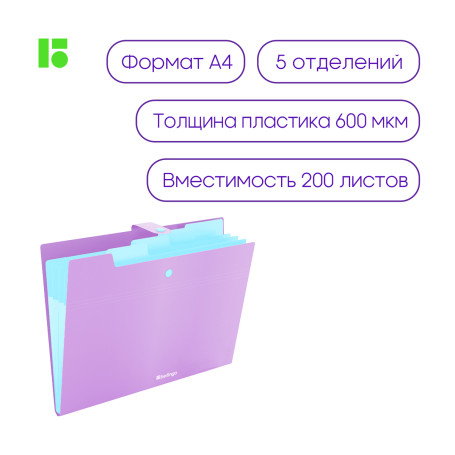 Папка 5 отделений Berlingo "Haze", А4, 600 мкм, на кнопке, сиреневая, софт-тач