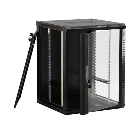 TWB-FC-1245-GP-RAL9004 Wall cabinet 19-inch (19"), 12U, 662x600x450mm, glass door with perforation on the sides, handle with lock, with the possibility of mounting on legs (included), color black (RAL 9004) (disassembled)