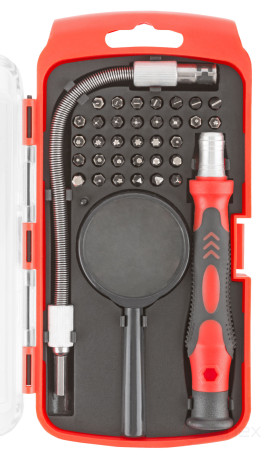 Screwdriver with bits for precision work, 33 CrV bits, 175 mm flexible adapter, magnifying glass, plastic box