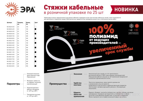 Кабельная стяжка ЭРА 4x300 чёрная 25 штук