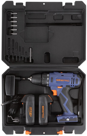 MAX-PRO Дрель-Шуруповерт аккумуляторная 18 В; 0-350/0-1250 об/мин; 10 мм; 30 Нм; 2 батареи (Li-Ion) х1,5 Ач; 15+1; 1 ч.; регулировка оборотов; резинов